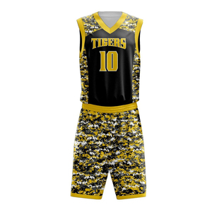 Tigers <b>Basketball</b> Jersey Set V-Neck Sleeveless Sublimated Camouflage Print Moisture Wicking Polyester Unisex Adult Uniform - Product Image 1