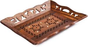 Wood Decorative Serving <b>Tray</b> for Hot & Cold <b>Drinks</b>/Vintage Rustic Decorative Handmade Sheesham Food Platter for Dining Tableware - Product Image 2