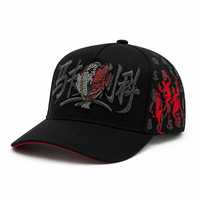 Casquette de baseball unisexe noire style gothique streetwear avec broderie 3D personnalisée, strass et caractères chinois, cinq panneaux, type trucker, fermeture snapback