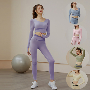 Custom Logo Seamless Yoga Leggings Sports Wear Women Workout Set Long Sleeve Crop <b>Tops</b> With Fixed Bra Sets - Product Image 3