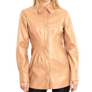 Women's Stylish Lightweight Faux Leather Long Sleeve T-Shirt <b>Brown</b> Comfortable Fit for Office or Street Fashion Leather Shirt - Product Image 2