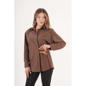 Camisa a Rayas Marrón con Doble Cinturón para Mujer LUSTRIN - Blusa Elegante Casual de Manga Larga para Uso Diario - Product Image 2