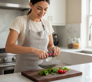 Cuchillo Ulu Artesanal de Madera Exótica con Hoja de Damasco Multivibrante y Funda de Cuero - Product Image 2
