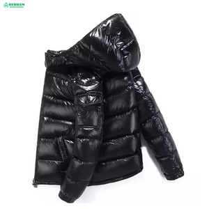 Veste matelassée noire à capuche avec fermeture éclair, coupe-vent, rembourrée de duvet, manteau d'hiver unisexe, style décontracté, coupe régulière, couleur unie - Product Image 2