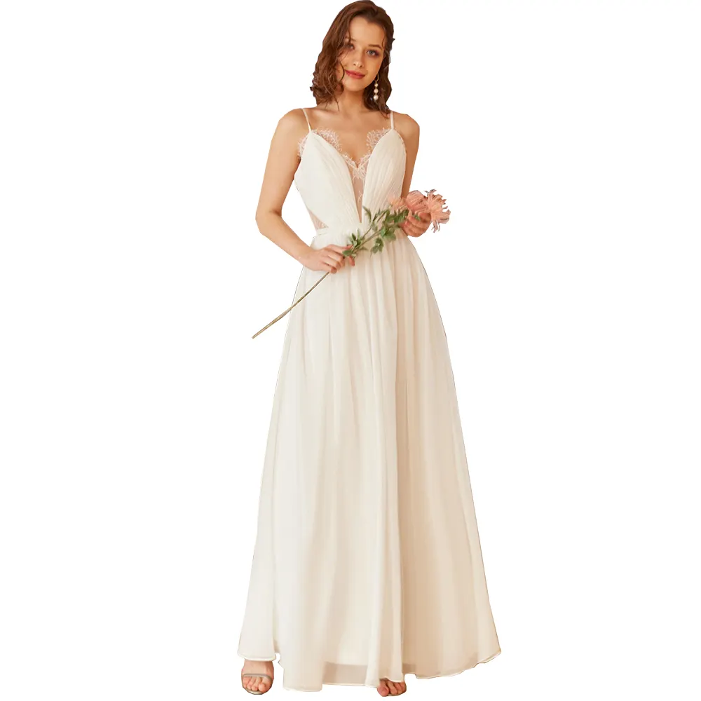 Chic A-line v-cổ draped ren backless dây kéo váy cưới cho phụ nữ Pleated Spaghetti dây đai đơn giản Trắng Wedding Dress