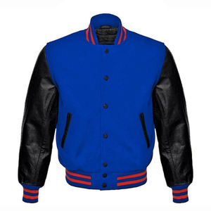 Chaqueta Universitaria Varsity de Cuero Personalizada de Alta Calidad, Mangas de Cuero Vacuno Negro Auténtico, Color Azul - Product Image 1