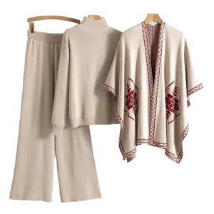 Spring Lady Outfit Cozy <b>Knit</b> <b>Shawl</b> Pants Sets 3 Pieces With Women Turtleneck Sweater Wide Leg Trousers - Product Image 1