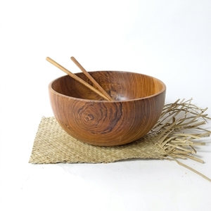 Bol rond en bois de teck de style vintage personnalisé, service de salade, ensemble de vaisselle, ustensiles de cuisine, assiette en bois, plats et bols - Product Image 1