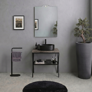 Mobile da Bagno 60cm in Metallo Nero con Ripiano in Vetro, Top in Rovere e Specchio 60x80cm - Product Image 1