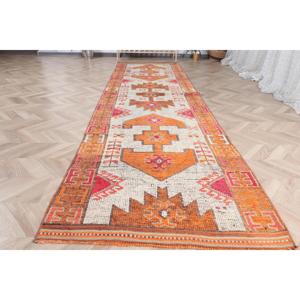 Alfombra Turca Vintage de 0.3x11.8 pies, Alfombra de Pasillo, Alfombra con Estampado Animal Herki Naranja - Product Image 2