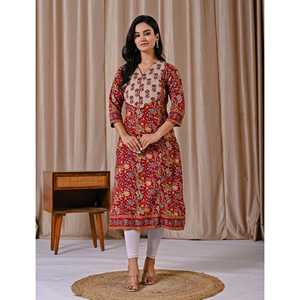 Kurti droit en coton rouge, style décontracté, pour le club ou le quotidien, respirant, imprimé Jaal, longueur au sol, design ODM - Product Image 4