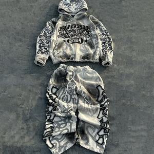 Conjunto de Sudadera con Capucha y Pantalones Deportivos de Algodón Grueso con Estampado DTG Personalizado, Logotipo Gráfico, Estilo Holgado, Desgastado, Decolorado por el Sol, con Cierre de Cremallera para Hombre - Product Image 1