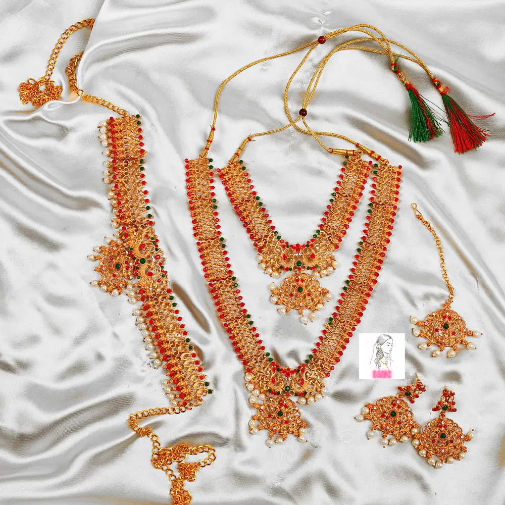女性のための金メッキ真珠グリーンマルーン南インドハラムジュエリーセット