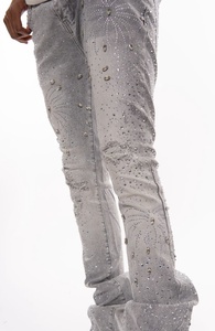 Mens Rhinestone Distressed Denim Jeans Skinny Denim Stacked Pants for Streetwear <strong>Wholesale</strong> ODM/OEM Supply Factory Monkey Wash - Product Image 6