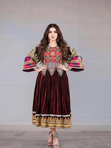 Luxury Afghan Maroon Silk Bridal Gown Heavily Embroidered With <b>Mirror</b> Work And Traditional Metal Coins Full Volume Skirt - Product Image 2