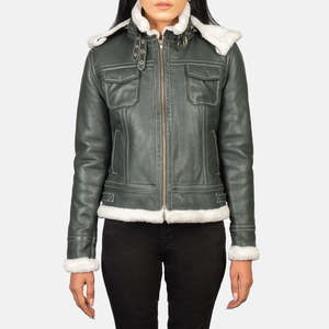 Veste en cuir Fiona Green Shearling avec capuche, légère, coupe-vent, style bomber, logo personnalisé, pour l'hiver - Product Image 1