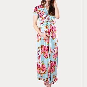 Respirant personnalisé imprimé robe de grossesse décontracté femmes maternité longue robe couleur unie femmes robe de maternité bas quantité minimale de commande - Product Image 6