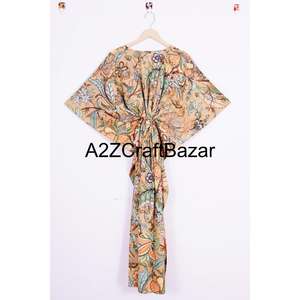 Kaftan pour femmes en coton indien imprimé à la main, motif floral, maxi longue robe de plage, vêtement de nuit, kimono, robe à col en V, ceinture, lavable, design Y2K - Product Image 5