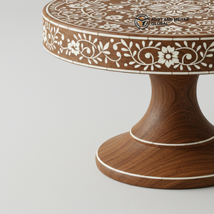 Support à dessert rond en bois incrusté d'os de luxe, fait à la main, design floral artistique pour des réceptions élégantes - Product Image 5