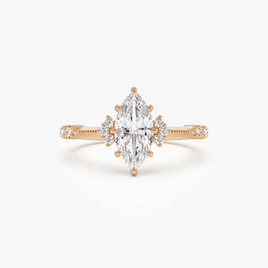 Bague vintage Art Déco en or 14 carats avec diamant de laboratoire taille marquise, 1,10 carat total, couleur E-F, pureté VS, sur mesure pour femme - Product Image 3