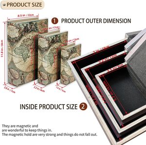 Cajas de libros decorativas Patrón de mapa del mundo Caja invisible de libro antiguo con cubierta de cuero magnético, caja de madera de imitación Juego de 3 ocultos - Product Image 2