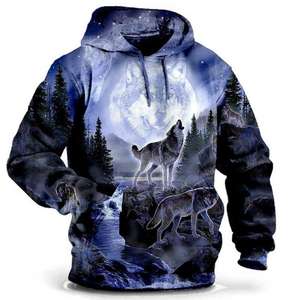 Sudadera con Capucha para Hombre, Corte Regular, Estampado de Lobo, Ropa Urbana de Otoño, Sudadera con Capucha de Animales, 100% Algodón Orgánico - Product Image 3