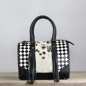 New Designer Fringe Bag Gypsy Boho Cowhide Leather Black <b>Colour</b> Handmade Western Stylish Checkered Pattern Bags And Wallet <b>Set</b> - Product Image 6