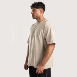Men's Tone 100% Cotton <b>Short</b> <b>Sleeve</b> T-Shirt (Beige) 280g Jersey Knitted Breathable Vintage Street Oversized Letter Solid Logo - Product Image 3