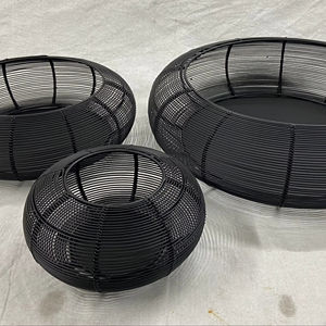 Lot de 3 décorations votives élégantes et écologiques pour bougies bols en fer enduit de poudre noir/or classiques tissage de fil métallique artisanal - Product Image 1