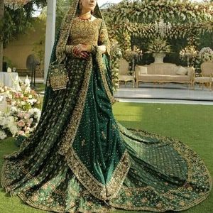 INDIAN/PAKISTANI EMBROIDERY BRIDAL <b>BLOUSE</b>, LEHENGA WITH TRAIL DRESS Embellished WITH CRYSTAL GLASS BEADS,STONE,DABKA Work @ 2023 - Product Image 1