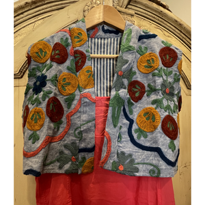 Casual Stone Wash <b>Blue</b> Embroidered Vest Garden Logo Outer Wear Knitted Woven Fabric with Cotton Filling <b>Waistcoat</b> Length - Product Image 1