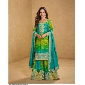 Ensemble de costume en soie chinon avec détails traditionnels de la broderie gotawork, tenue ethnique confortable pour les événements, chaîne d'approvisionnement mondiale abordable - Product Image 1