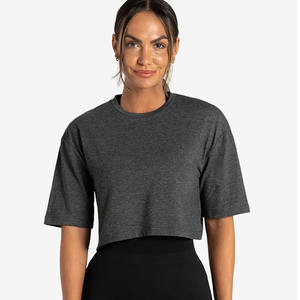 Custom Design Charcoal Marl Women Crop <b>T</b> <b>Shirt</b> Dropped Shoulders Short Sleeves Soft Stretchy Stylish Casual <b>Yoga</b> Gym Fitness Tee - Product Image 1