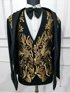 ทักซิโด้ปักด้วยมือดีไซน์เนอร์สีดำเสื้อแจ็กเก็ตสีดำเจ้าบ่าวแบบดั้งเดิมชุดสูท3ชิ้นสำหรับงานแต่งงานสไตล์อินเดียชนเผ่า - Product Image 4