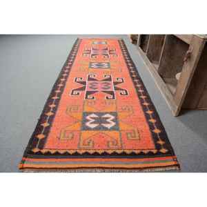 Tapis en laine turque vintage 31x101 pieds tapis orange tissage plat Patchwork Design pour décorations de salon - Product Image 2