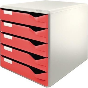 Leitz Extra-Wide DIN A4 <b>Paper</b> & Media Box with 5 Drawers Light Grey Housing and <b>Red</b> Drawers - Product Image 1