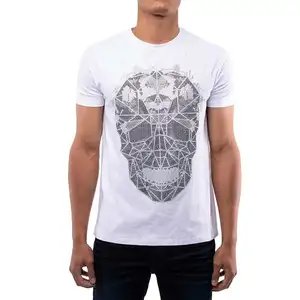 Yeni tasarım özel baskılı desen Tee gömlek geometrik kafatası grafik Rhinestones ile erkek kısa kollu T Shirt