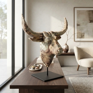 Handcrafted <b>wooden</b> bull suge stand sculpture <b>rustic</b> teak carved longhorn skull statue metal base table accent decoration item - Product Image 4