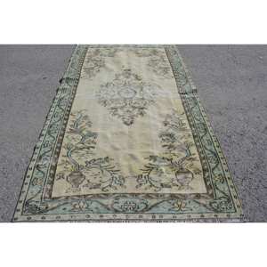 Alfombra turca vintage de 5x8,7 pies, patrón de retazos de lana verde Beige, estilo Tabriz para el hogar, sala de estar, mesita de noche, forma rectangular de látex - Product Image 1