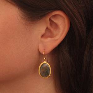 Boucles d'oreilles à la mode pour femmes en argent sterling 925 plaqué or avec mousse Agate Gemstone Forme ovale Joli design pour les filles - Product Image 1