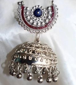 Designer Luxury Oxidized Silver Handmade Drop <b>Earrings</b> Half <b>Moon</b> and Dome Style Women's Indian Jewelry for Party Wear - Product Image 2