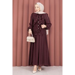 Conjunto de hiyab informal transpirable de manga larga color ciruela para mujer con detalle de volantes en la parte delantera, tela modal - Product Image 6