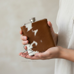 Funda para petaca de 7oz de acero inoxidable con cubierta de cuero auténtico con pelo, estilo rústico occidental, personalizada para whisky y licor. - Product Image 4