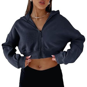 เสื้อครอปมีฮู้ดแขนยาวโอเวอร์ไซส์ของผู้หญิงเสื้อครอปมีฮู้ดสีฟ้าเสื้อครอปมีฮู้ดกีฬาสั้น - Product Image 5