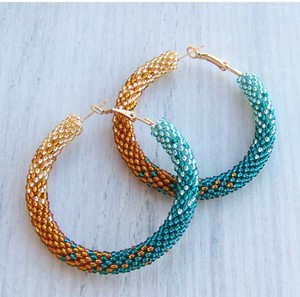 Ombre Style Hoop <b>Earrings</b>, Beaded Colorful Gold Emerald Hoops Quality Emerald <b>Green</b> Beaded Tassel <b>Earrings</b> - Product Image 1