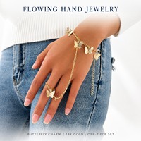 Set Cincin Rantai Tangan Kupu-kupu Emas, Gelang Adjustable dari Seng, Gelang Budak, Perhiasan Wanita Gaya Boho, Grosir
