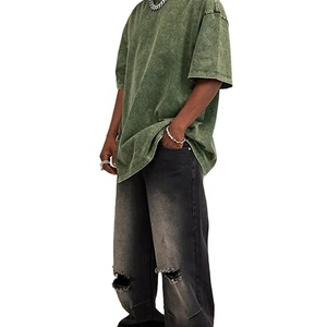 Camiseta extragrande lavada con ácido para hombre, camiseta vintage bordada de secado rápido, ropa de calle personalizada, Camisetas largas con cuello redondo - Product Image 5