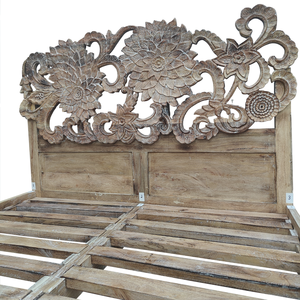 Handmade Carved Queen Size <b>Bed</b> Frame Solid Mango <b>Wood</b> Carved Natural Coastal Finish Sunflower <b>Wood</b> Slat Support <b>Bed</b> Frame - Product Image 3