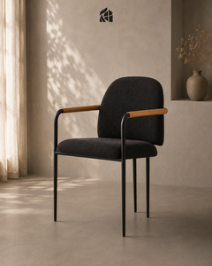 Chaise de salle à manger moderne, écologique et durable, chaise d'appoint rembourrée, structure en métal, accoudoirs en bois, assise en tissu, mobilier de maison - Product Image 5