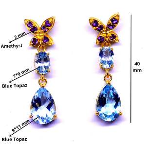 À la mode en argent sterling 925 plaqué or améthyste bleu topaze pierres précieuses fête porter dames boucles d'oreilles goutte - Product Image 2